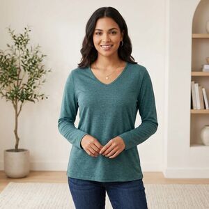 Womens XL Heather Teal Green V-Neck Long Sleeve T-Shirt Casual Top Extra Large
